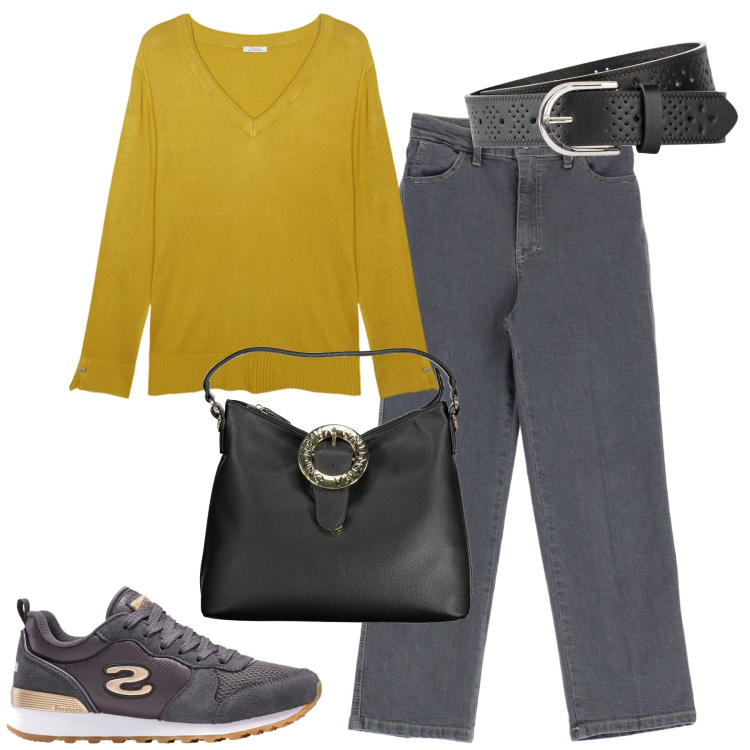 Outfit donna - City. Stile Basic per Tutti i giorni. Abbinamento con sneakers, cinture, jeans dritti, maglieria, borse a spalla.