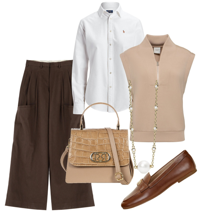 Outfit donna - Settembre ufficio. Stile Bon Ton per Ufficio. Abbinamento con collane, borse a mano, pantaloni a palazzo, camicie, mocassini, gilet.