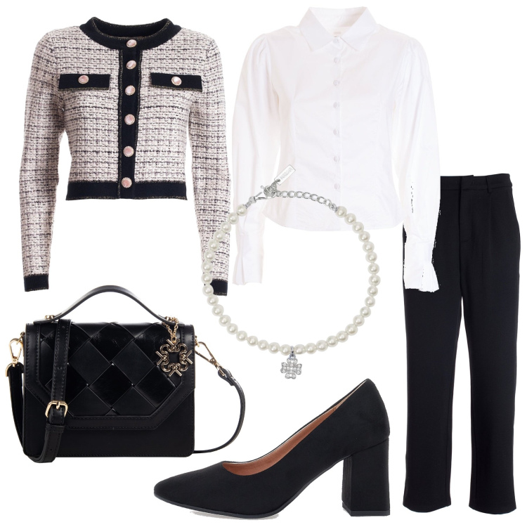 Outfit donna - Bon Ton in ufficio @laurafo. Stile Bon Ton per Ufficio. Abbinamento con braccialetti con ciondoli, borse a tracolla, blazer, pantaloni, camicie, décolleté.