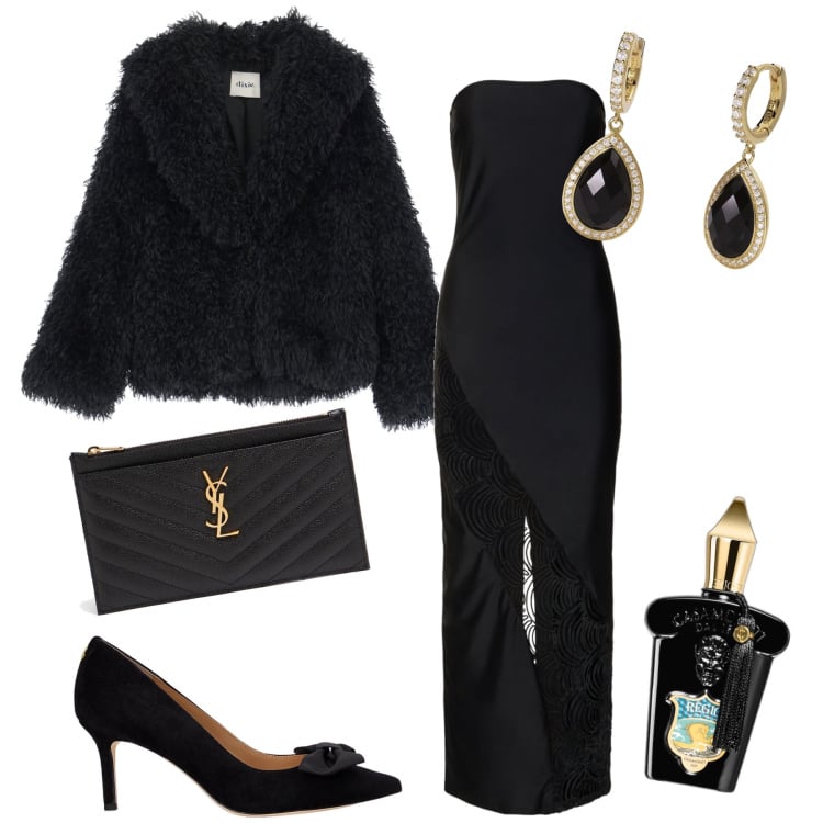 Outfit donna - All black all chic. Stile Glamour per Serata fuori. Abbinamento con profumi, orecchini, décolleté, blazer, vestiti lunghi, pochette.