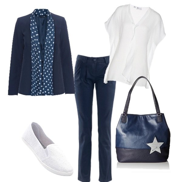 Outfit donna - Bianco e blu. Abbinamento con pantaloni chino, ballerine, tunica bianco, blazer, shopping bag.