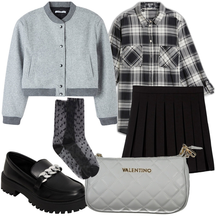 Outfit donna - Preppy style in september. Stile Glamour per Scuola/Università. Abbinamento con camicie, minigonne, mocassini, bomber, borse a spalla, calzini.