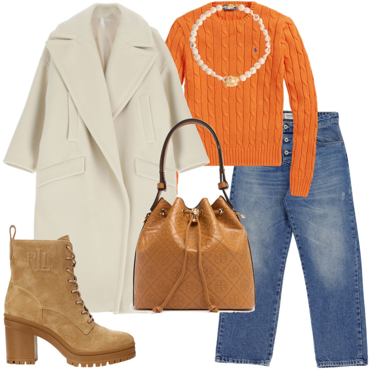 Outfit donna - Borsa a secchiello. Stile Casual chic per Ufficio. Abbinamento con jeans dritti, cappotti, maglieria, stivaletti, borse a secchiello, collane.