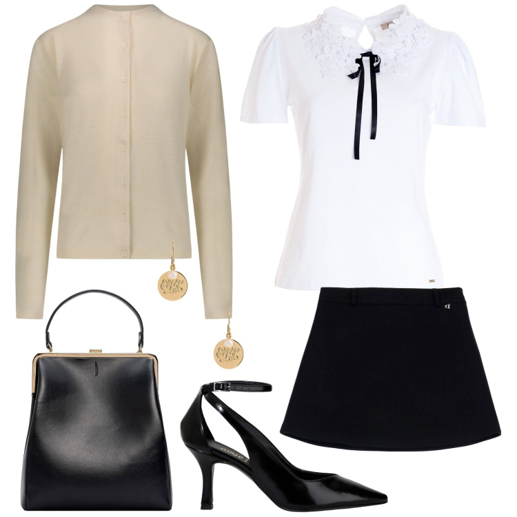 Outfit donna - Preppy style. Stile Preppy per Tutti i giorni. Abbinamento con minigonne, décolleté, t-shirt, orecchini, cardigans, borse a spalla.
