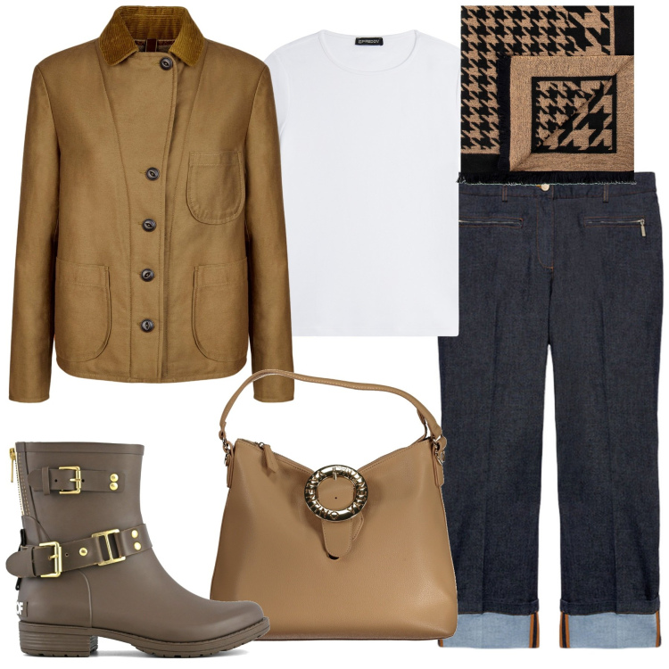 Outfit donna - Total look #1960865. Stile Casual chic per Ufficio. Abbinamento con sciarpe, t-shirt, blazer, stivali, jeans dritti, borse a spalla.
