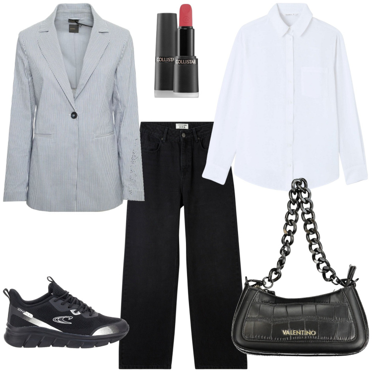 Outfit donna - Mannish con sneakers. Stile Mannish per Tutti i giorni. Abbinamento con rossetti, jeans, camicie, borse a spalla, blazer, sneakers.