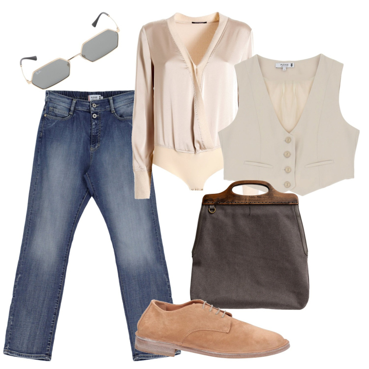 Outfit donna - Pranzo sul lungomare. Stile Casual chic per Tutti i giorni. Abbinamento con scarpe stringate, bluse, jeans dritti, gilet, borse a tracolla, occhiali da sole.