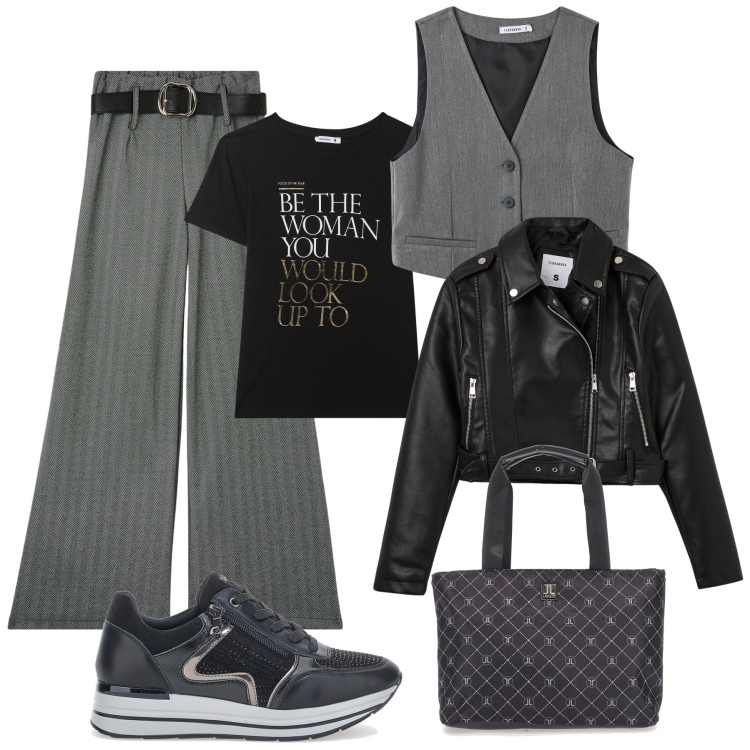 Outfit donna - Le sneakers in ufficio. Stile Casual chic per Ufficio. Abbinamento con t-shirt, pantaloni, giacche, gilet, sneakers, borse a spalla.