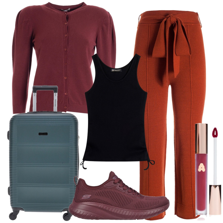 Outfit donna - In viaggio. Stile Casual chic per Tutti i giorni. Abbinamento con rossetti, pantaloni, cardigans, canottiere, sneakers, valigie.