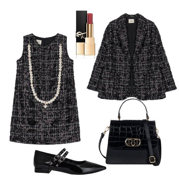 Outfit donna - Il completo in tweed con le ballerine. Stile Bon Ton per Ufficio. Abbinamento con rossetti, borse a mano, collane, vestiti corti, blazer, ballerine.