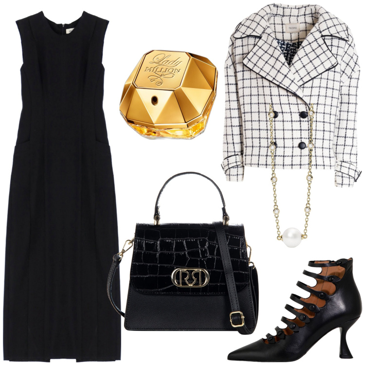 Outfit donna - Bon ton ufficio. Stile Bon Ton per Ufficio. Abbinamento con profumi, collane, borse a mano, blazer, vestiti senza maniche, stivaletti.