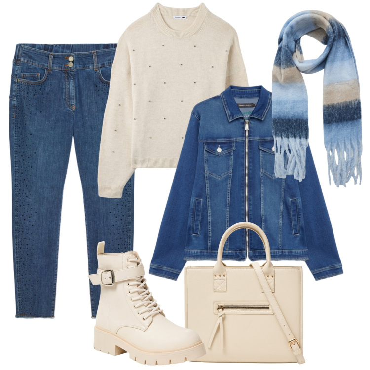 Outfit donna - Blazer giubbotto, jeans e strass. Stile Casual per Tutti i giorni. Abbinamento con shopping bag, sciarpe, maglieria, anfibi, blazer, jeans skinny.