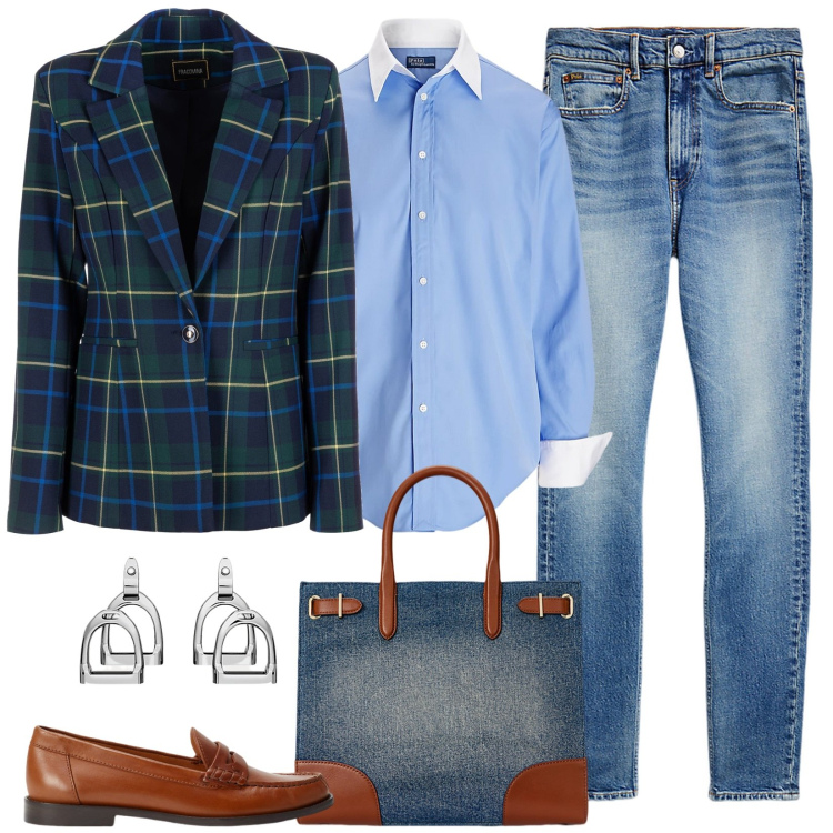 Outfit donna - College. Stile Preppy per Scuola/Università. Abbinamento con blazer, camicie, orecchini, borse tote, mocassini, jeans slim fit.