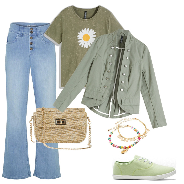 Outfit donna - Bonprix all’ insegna del denim. Stile 70s per Tutti i giorni. Abbinamento con jeans dritti, blazer, t-shirt, sneakers, braccialetti con ciondoli, borse a mano.