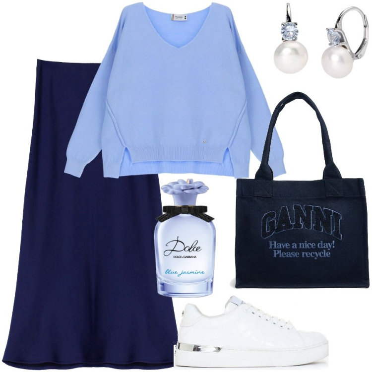 Outfit donna - Total look #1960910. Stile Casual chic per Scuola/Università. Abbinamento con profumi, orecchini, sneakers, maglieria, gonne lunghe, shopping bag.