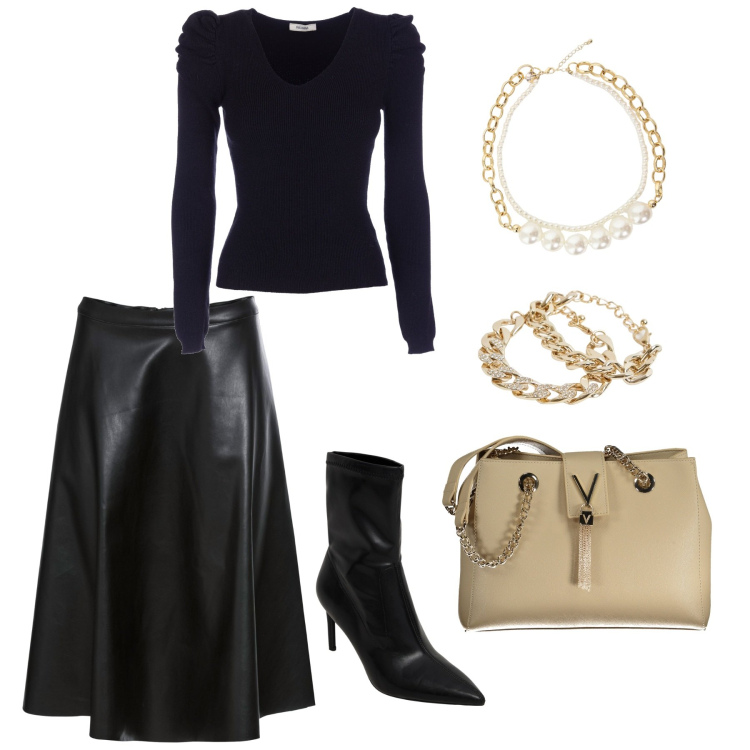 Outfit donna - Serata total black. Stile Glamour per Serata fuori. Abbinamento con gonne, stivaletti, braccialetti, collane, maglieria, borse a spalla.