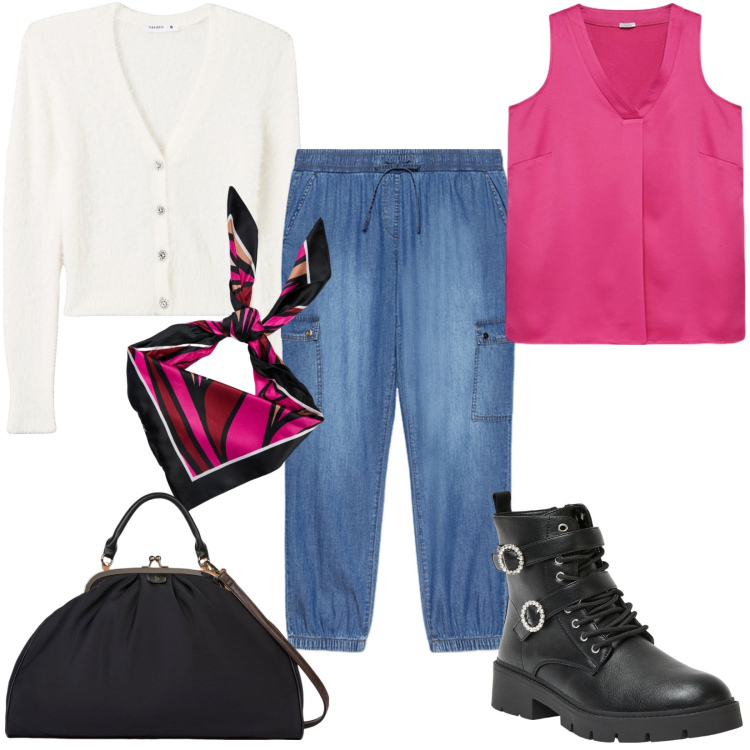 Outfit donna - Casual chic: il foulard nero e fuxia. Stile Casual chic per Tutti i giorni. Abbinamento con anfibi, cardigans, foulard, pantaloni cargo, top, borse a tracolla.