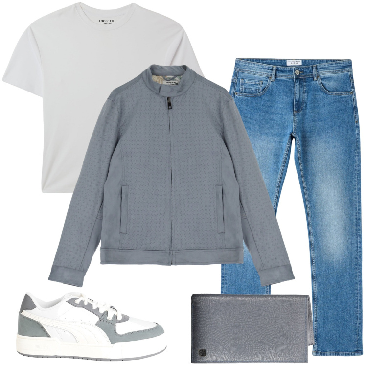 Outfit uomo - Street style. Stile Urban per Tutti i giorni. Abbinamento con sneakers, t-shirt, jeans dritti, giacche, portafogli.