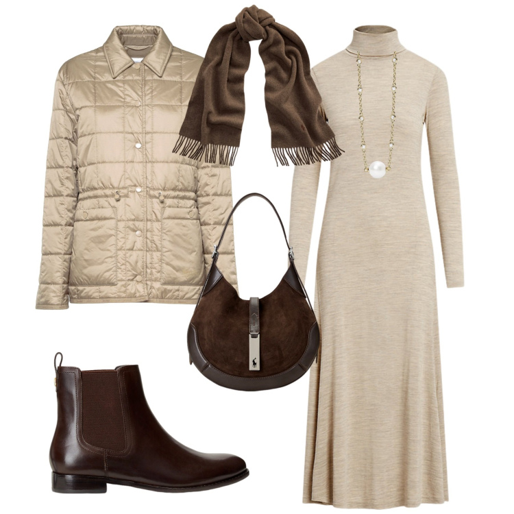 Outfit donna - Total look #1960976. Stile Minimal per Ufficio. Abbinamento con collane, sciarpe, borse a spalla, vestiti, stivaletti chelsea, giacche.