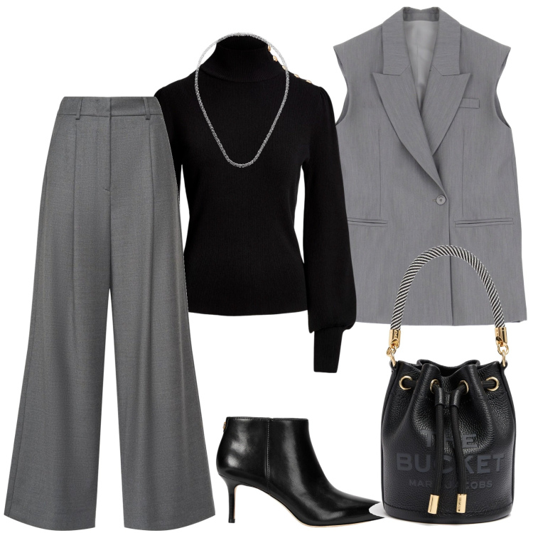 Outfit donna - Borsa secchiello. Stile Casual chic per Serata fuori. Abbinamento con gilet, maglieria, stivaletti, pantaloni, borse a secchiello, collane.