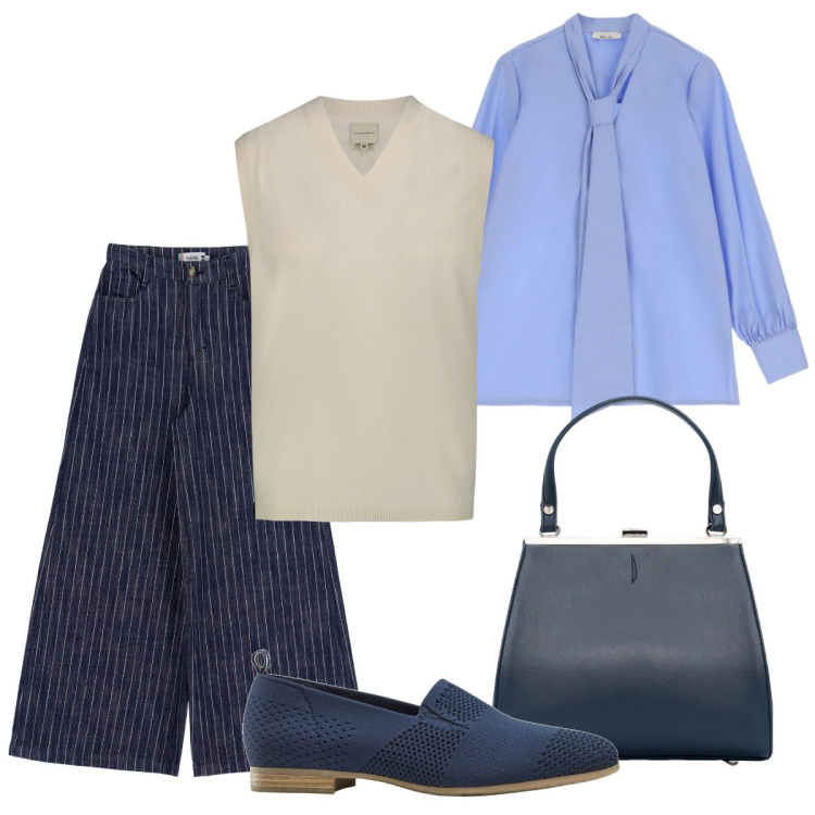 Outfit donna - Settembre - preppy style. Stile Preppy per Tutti i giorni. Abbinamento con mocassini, pantaloni a palazzo, camicie, maglieria, clutch.