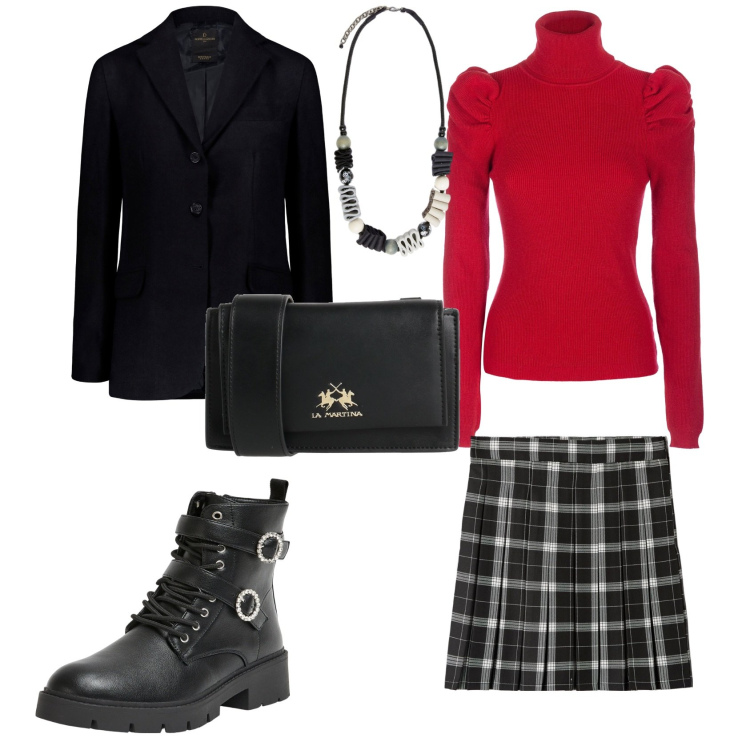 Outfit donna - College. Stile Casual per Scuola/Università. Abbinamento con borse a tracolla, anfibi, minigonne, maglieria, blazer, collane.