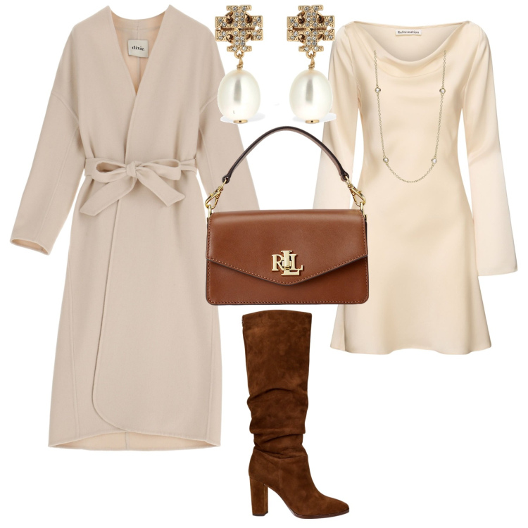 Outfit donna - Total look #1960995. Stile Bon Ton per Serata fuori. Abbinamento con collane, cappotti, stivali, borse a tracolla, vestiti, orecchini.