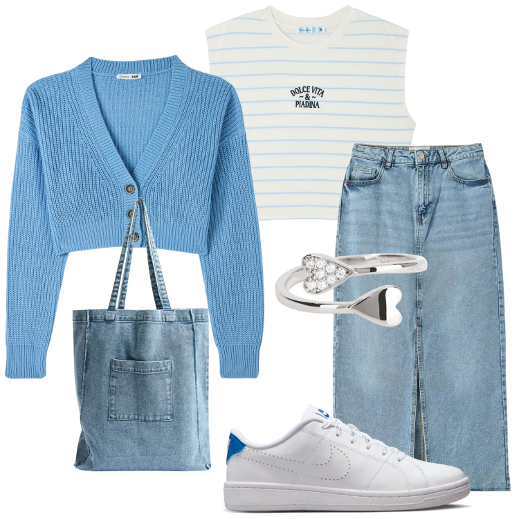Outfit donna - Mai senza sneakers. Stile Casual per Scuola/Università. Abbinamento con t-shirt, gonne lunghe, cardigans, shopping bag, anelli, sneakers.