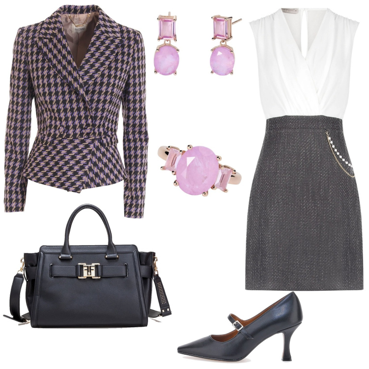 Outfit donna - Bon ton in ufficio. Stile Bon Ton per Ufficio. Abbinamento con anelli, orecchini, vestiti a tubino, blazer, borse tote, décolleté.
