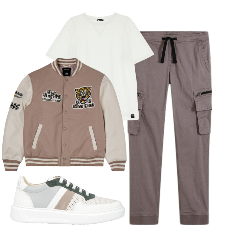 Outfit uomo - Total look #1961031. Stile Urban per Tutti i giorni. Abbinamento con pantaloni cargo, sneakers, bomber, t-shirt.