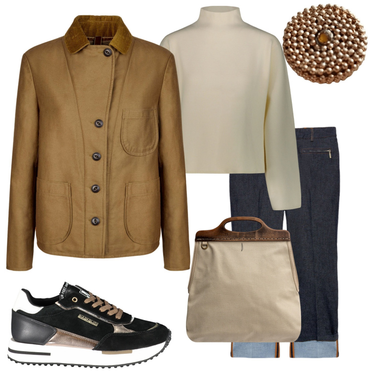 Outfit donna - Blazer+jeans. Stile Casual chic per Ufficio. Abbinamento con blazer, maglieria, borse a tracolla, scarpe sportive, jeans dritti, anelli.