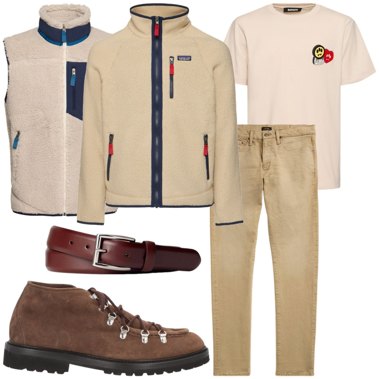 Outfit uomo - Giornata in montagna. Stile Urban per Tutti i giorni. Abbinamento con stivali e stivaletti, jeans, cinture, giacche, gilet, t-shirt.