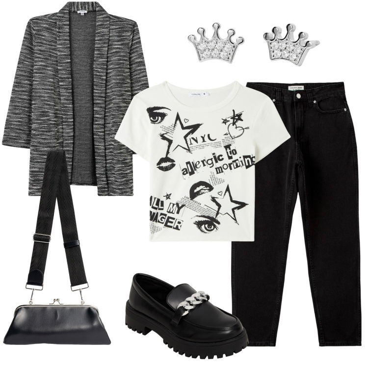 Outfit donna - il mocassino: immancabile. Stile Rock per Tutti i giorni. Abbinamento con orecchini, blazer, t-shirt, jeans mom, mocassini, clutch.