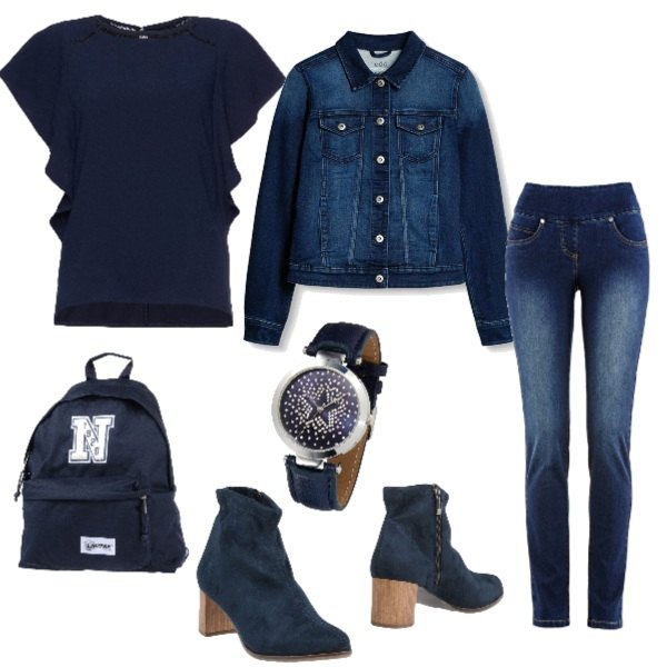 Outfit donna - Stivaletti blu. Stile Basic per Tutti i giorni. Abbinamento con jeans slim fit, orologio sport con strass e cinturino in pelle sintetica blu, stivaletti effetto scamosciato con tacco geometrico e zip con punta tonda tinta unita, borsa, blusa contrasto con scollo navy, giacca in denim blu e blu scuro.