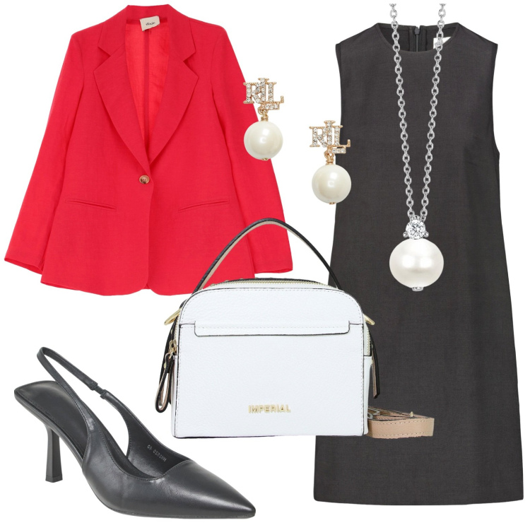 Outfit donna - Il tubino con le perle. Stile Chic per Ufficio. Abbinamento con décolleté, collane, borse a spalla, blazer, orecchini, vestiti a tubino.