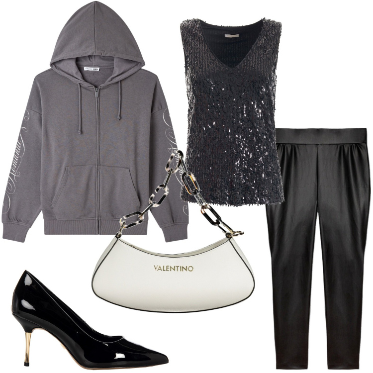 Outfit donna - Curvy - casual chic night. Stile Casual chic per Serata fuori. Abbinamento con felpe con cappuccio, décolleté, canottiere, leggings, borse a spalla.
