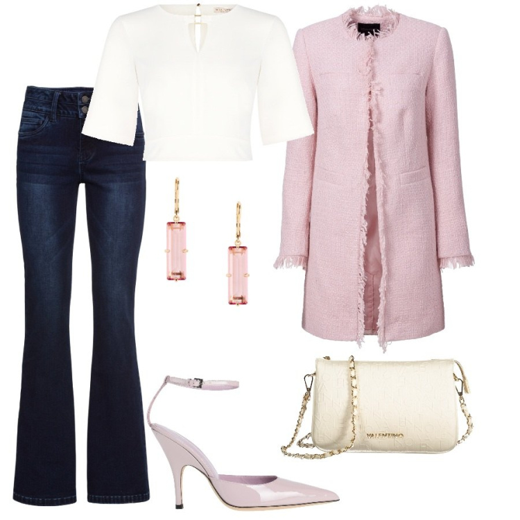Outfit donna - Business woman. Stile Casual chic per Ufficio. Abbinamento con jeans bootcut, blazer, décolleté, bluse, orecchini, borse a spalla.