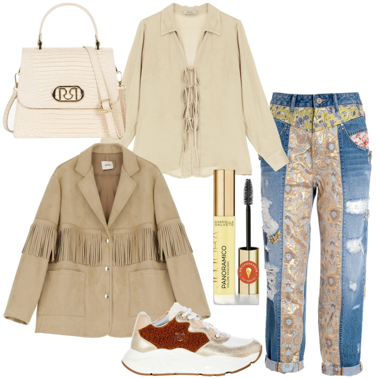 Outfit donna - Total look #1961143. Stile Bon Ton per Ufficio. Abbinamento con mascara, sneakers, borse a mano, jeans boyfriend, camicie, blazer.