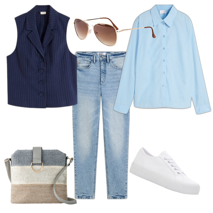 Outfit donna - Sei sobria ma ti senti bene. Stile Casual per Scuola/Università. Abbinamento con sneakers, occhiali da sole, gilet, jeans mom, camicie, borse a tracolla.