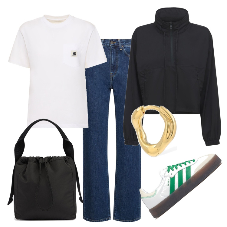 Outfit donna - Ci sono lavori anche comodi. Stile Casual chic per Scuola/Università. Abbinamento con sneakers, jeans dritti, orecchini, blazer, borse a mano, t-shirt.