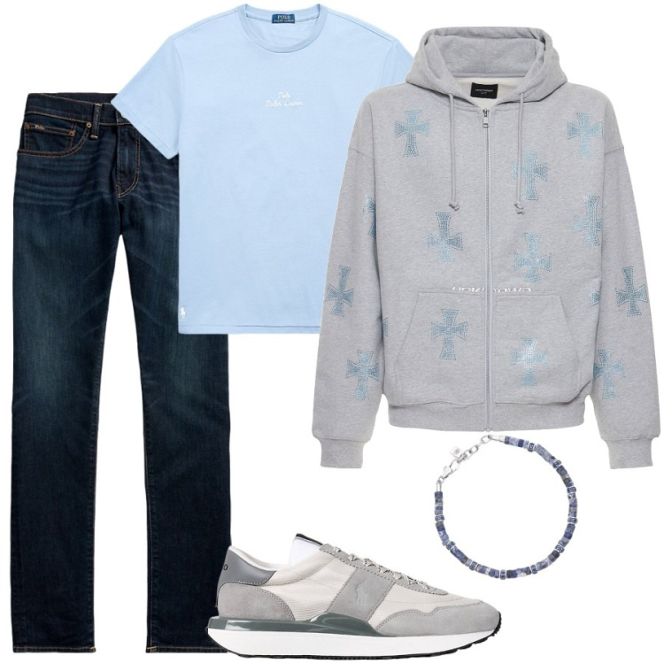 Outfit uomo - Total look #1961161. Stile Urban per Tutti i giorni. Abbinamento con braccialetti, t-shirt, jeans skinny, sneakers, felpe con cappuccio.