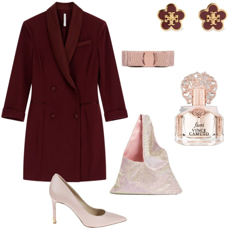 Outfit donna - Total look #1961162. Stile Glamour per Cerimonia. Abbinamento con profumi, décolleté, vestiti corti, borse a spalla, accessori per capelli, orecchini.