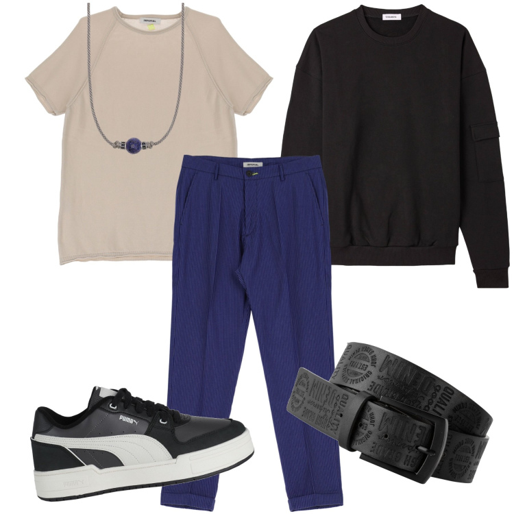 Outfit uomo - Una bella cintura. Stile Trendy per Tutti i giorni. Abbinamento con cinture, sneakers, felpe, collane, pantaloni, t-shirt.