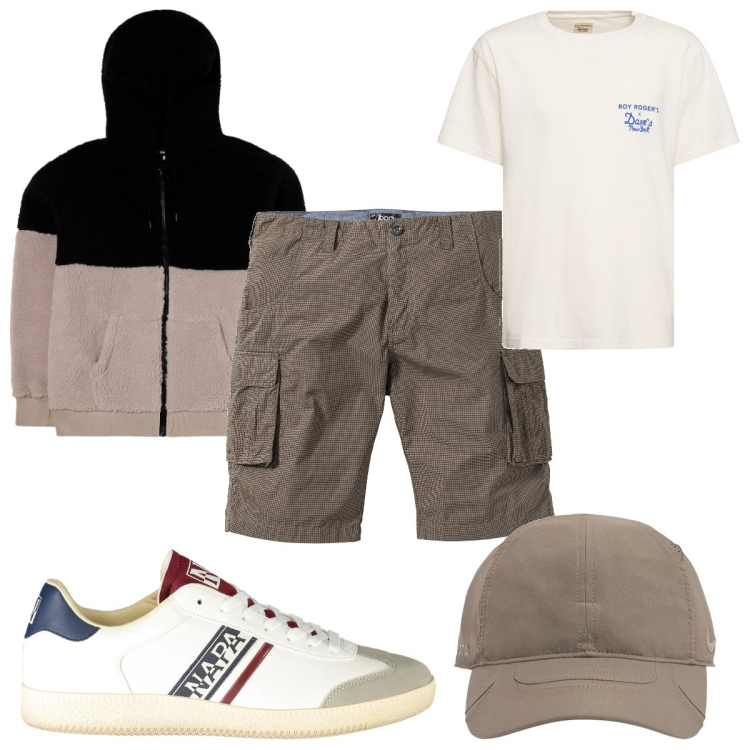 Outfit uomo - Total look #1961207. Stile Casual per Tutti i giorni. Abbinamento con bermuda, felpe con cappuccio, sneakers, cappelli, t-shirt.