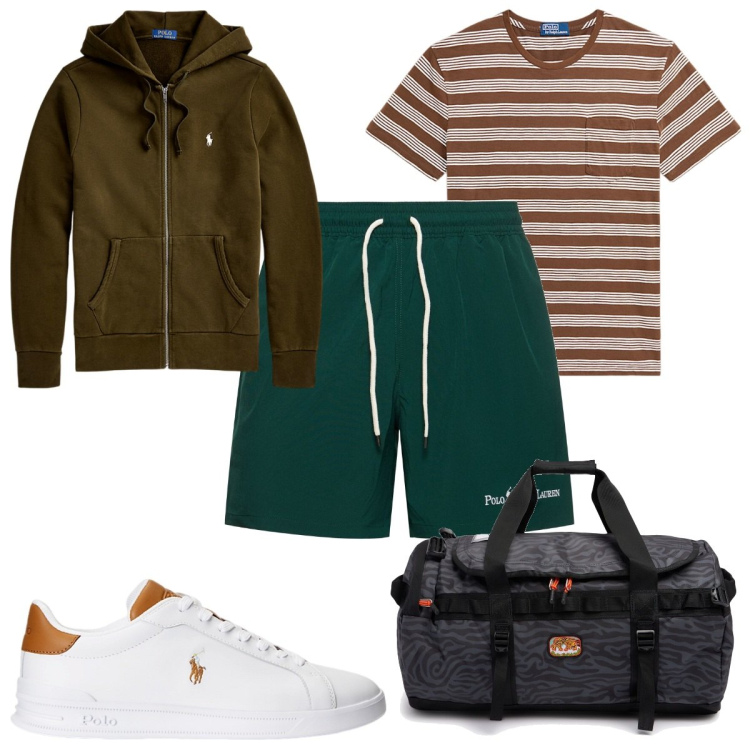 Outfit uomo - Total look #1961209. Stile Trendy per Sport. Abbinamento con sneakers, felpe con cappuccio, t-shirt, shorts, borse sportive.