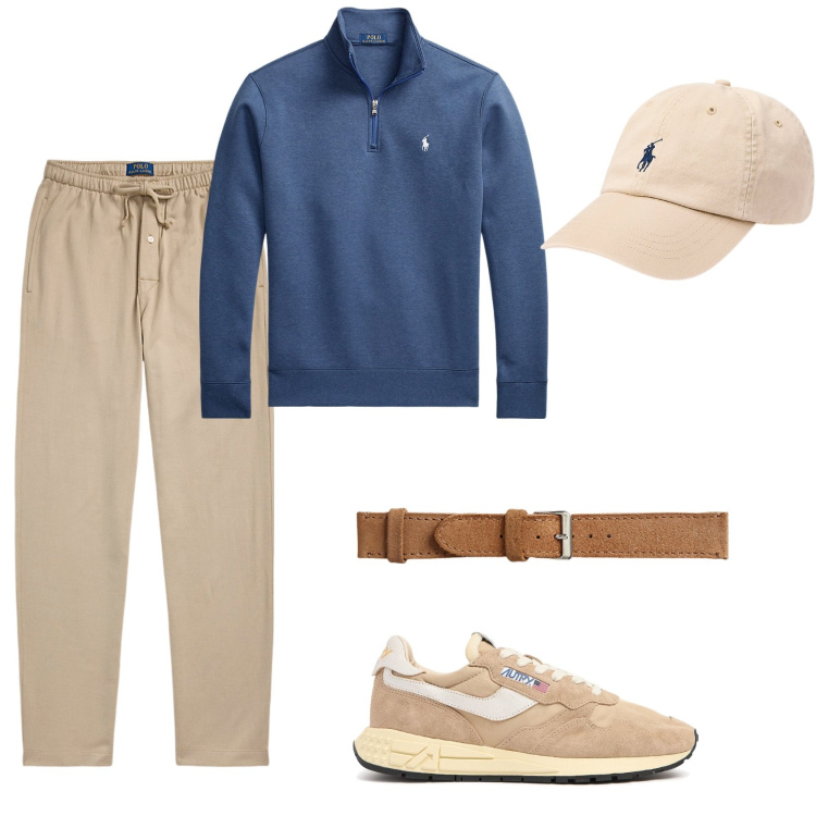 Outfit uomo - Beige e Blu. Stile Casual per Tutti i giorni. Abbinamento con pullovers, cappelli, orologi, pantaloni, sneakers.