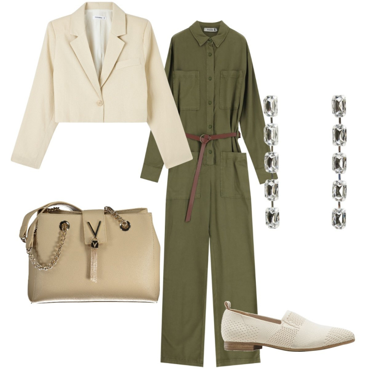 Outfit donna - La jumpsuit verde militare. Stile Bon Ton per Ufficio. Abbinamento con mocassini, orecchini, blazer, tute, borse a spalla.