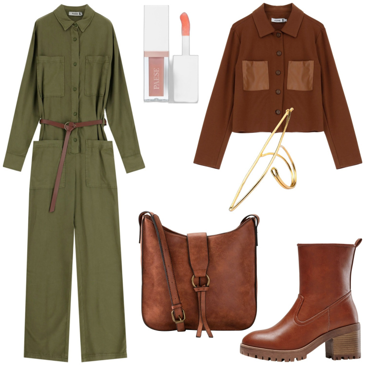 Outfit donna - All\'avventura. Stile Military per Tutti i giorni. Abbinamento con borse a tracolla, stivaletti, gloss, tute, blazer, anelli.