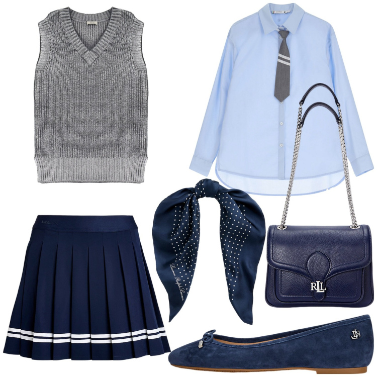Outfit donna - Total look #1961259. Stile Preppy per Scuola/Università. Abbinamento con camicie, maglieria, foulard, ballerine, borse a spalla, gonne.
