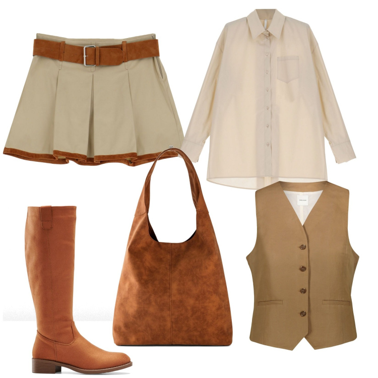 Outfit donna - Preppy trendy. Stile Preppy per Serata fuori. Abbinamento con stivali, shopping bag, minigonne, camicie, gilet.